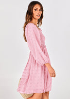 BTFBM Womens Long Sleeve Dress Vacation Square Neck Smocked Floral Swiss Dot Mini Boho Spring Wedding Guest Dresses