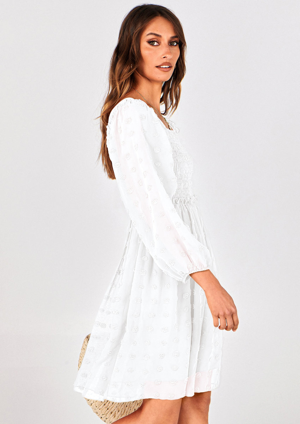 BTFBM Womens Long Sleeve Dress Vacation Square Neck Smocked Floral Swiss Dot Mini Boho Spring Wedding Guest Dresses