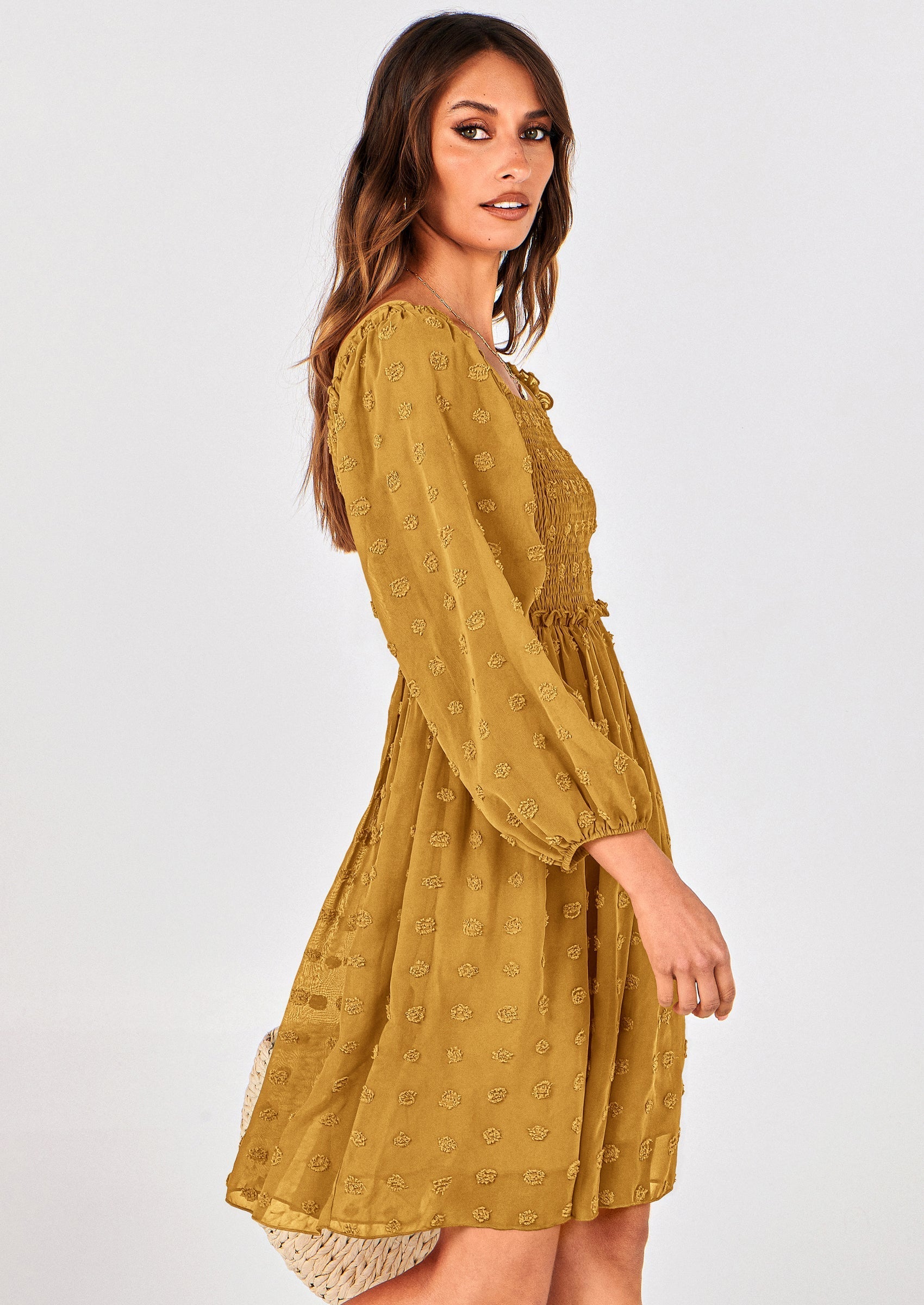 BTFBM Womens Long Sleeve Dress Vacation Square Neck Smocked Floral Swiss Dot Mini Boho Spring Wedding Guest Dresses