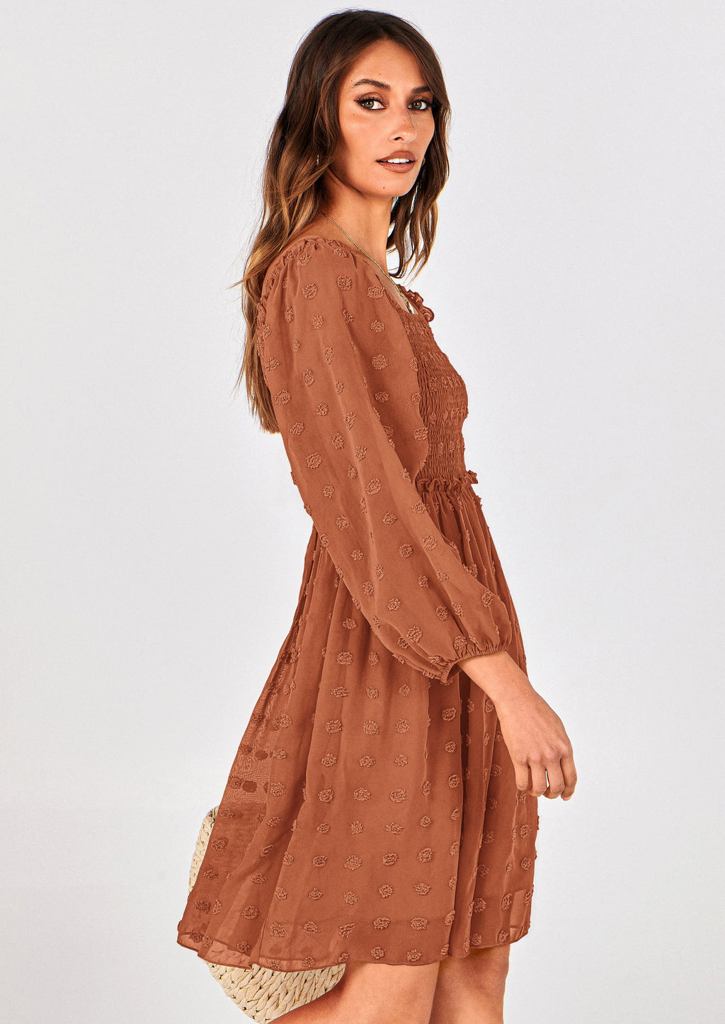BTFBM Womens Long Sleeve Dress Vacation Square Neck Smocked Floral Swiss Dot Mini Boho Spring Wedding Guest Dresses
