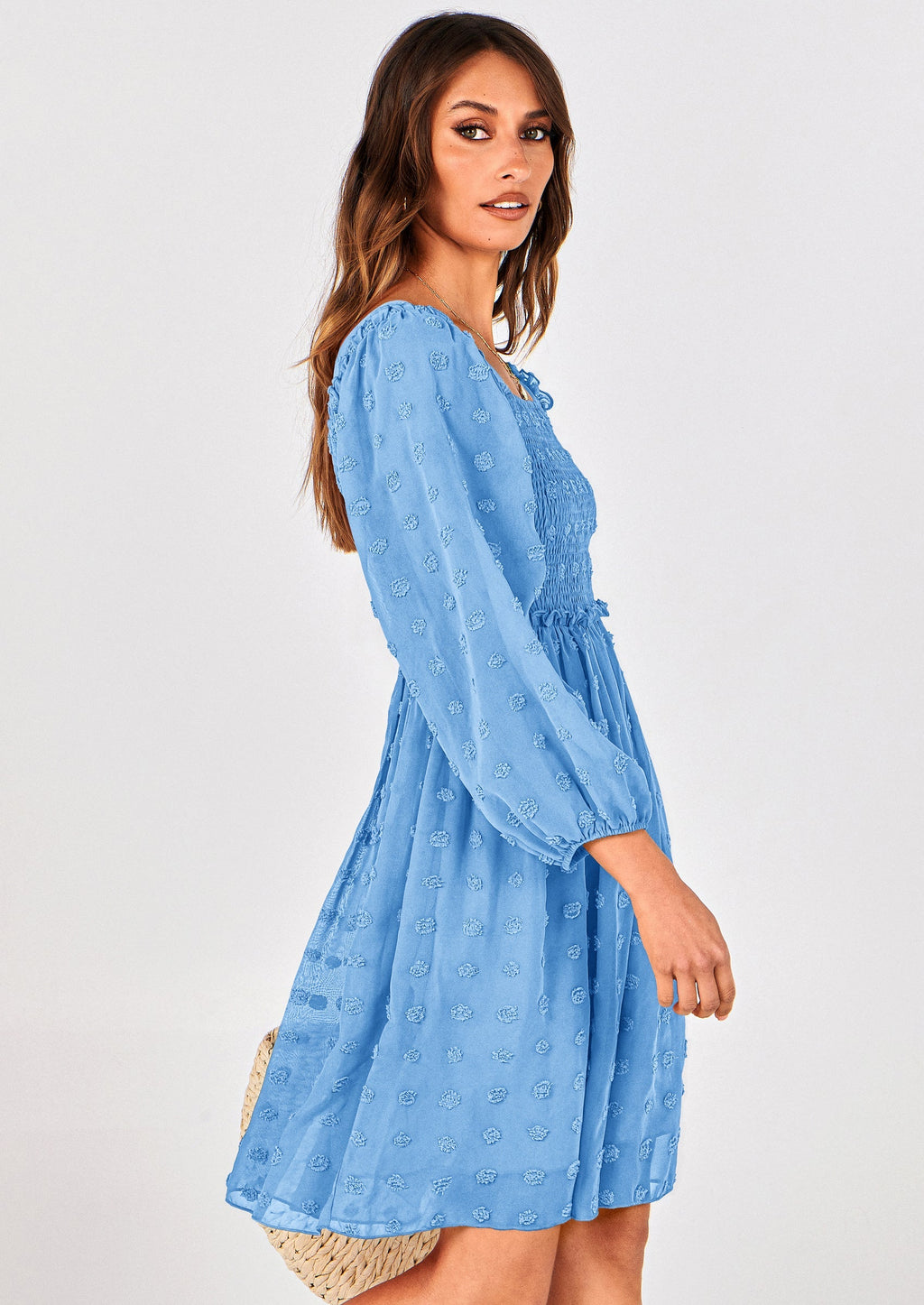 BTFBM Womens Long Sleeve Dress Vacation Square Neck Smocked Floral Swiss Dot Mini Boho Spring Wedding Guest Dresses