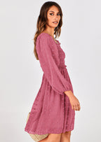 BTFBM Womens Long Sleeve Dress Vacation Square Neck Smocked Floral Swiss Dot Mini Boho Spring Wedding Guest Dresses