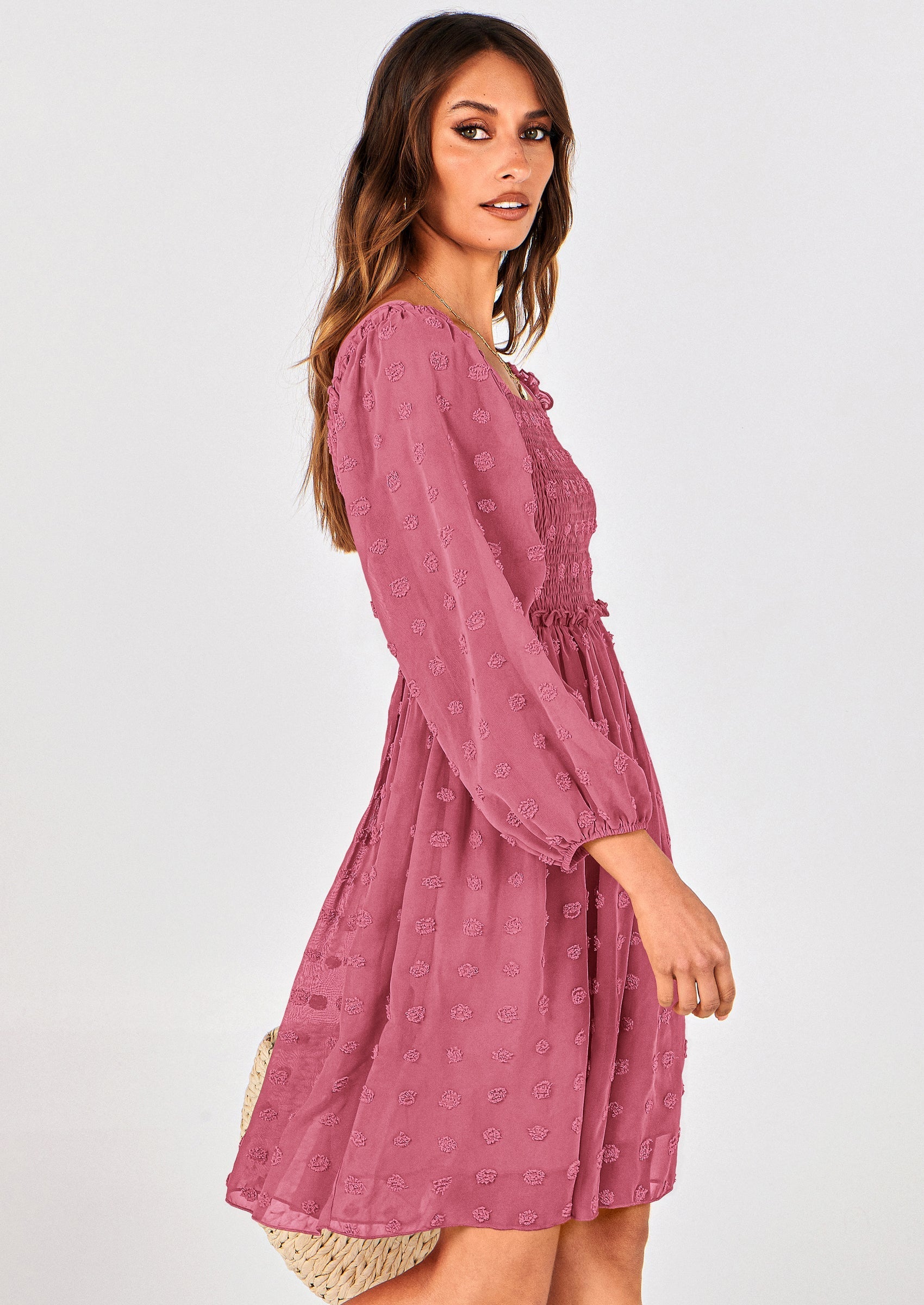 BTFBM Womens Long Sleeve Dress Vacation Square Neck Smocked Floral Swiss Dot Mini Boho Spring Wedding Guest Dresses