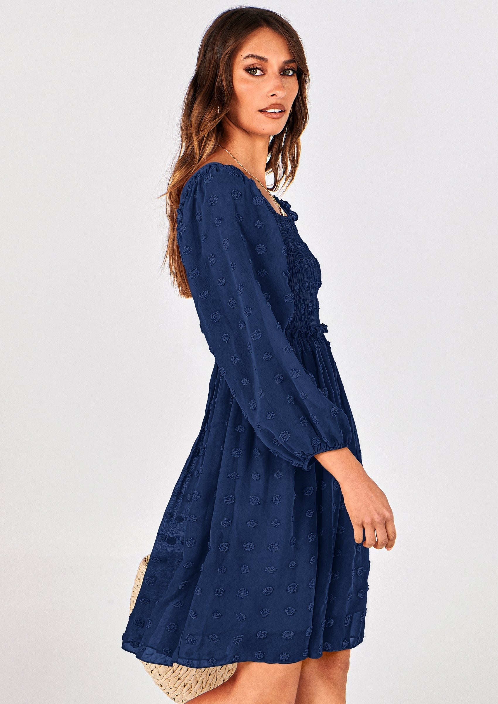 BTFBM Womens Long Sleeve Dress Vacation Square Neck Smocked Floral Swiss Dot Mini Boho Spring Wedding Guest Dresses