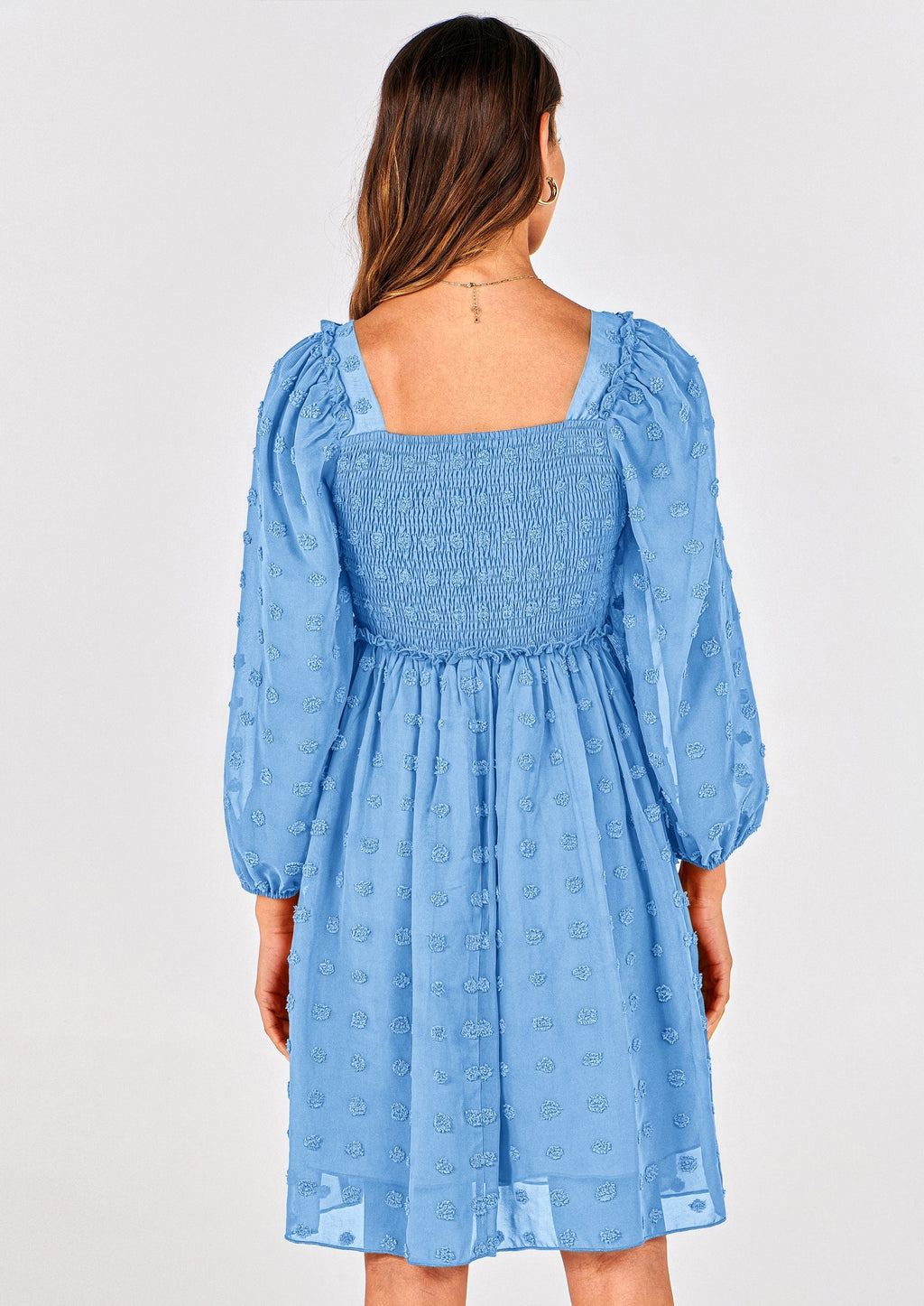 BTFBM Womens Long Sleeve Dress Vacation Square Neck Smocked Floral Swiss Dot Mini Boho Spring Wedding Guest Dresses