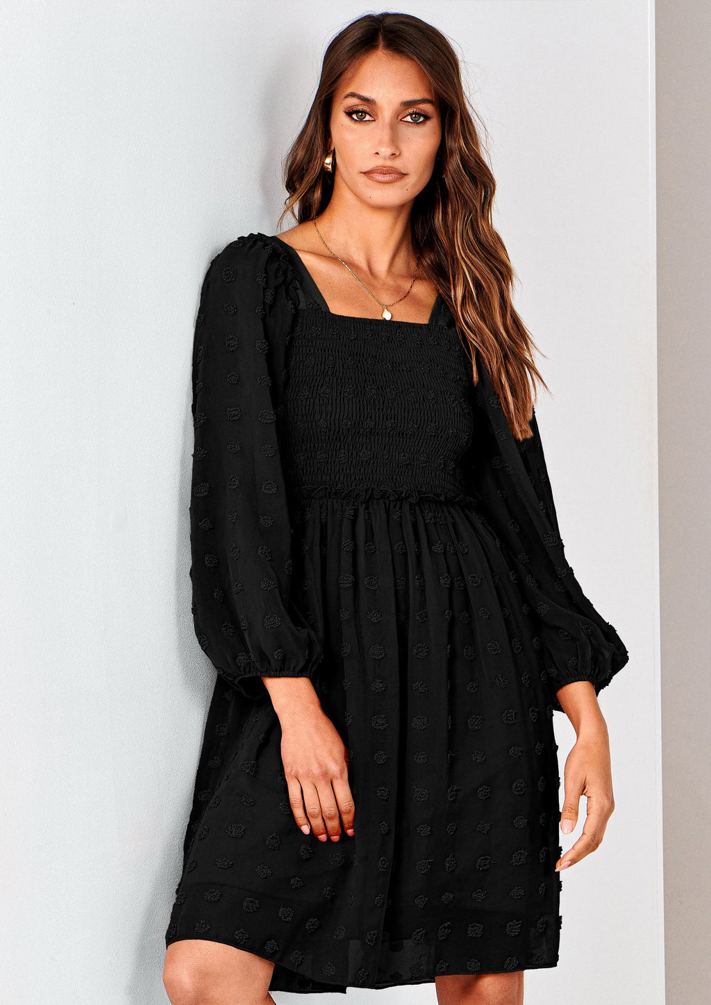 BTFBM Womens Long Sleeve Dress Vacation Square Neck Smocked Floral Swiss Dot Mini Boho Spring Wedding Guest Dresses