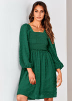 BTFBM Womens Long Sleeve Dress Vacation Square Neck Smocked Floral Swiss Dot Mini Boho Spring Wedding Guest Dresses
