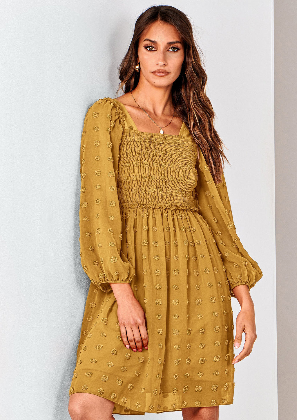 BTFBM Womens Long Sleeve Dress Vacation Square Neck Smocked Floral Swiss Dot Mini Boho Spring Wedding Guest Dresses