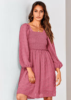 BTFBM Womens Long Sleeve Dress Vacation Square Neck Smocked Floral Swiss Dot Mini Boho Spring Wedding Guest Dresses