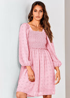 BTFBM Womens Long Sleeve Dress Vacation Square Neck Smocked Floral Swiss Dot Mini Boho Spring Wedding Guest Dresses