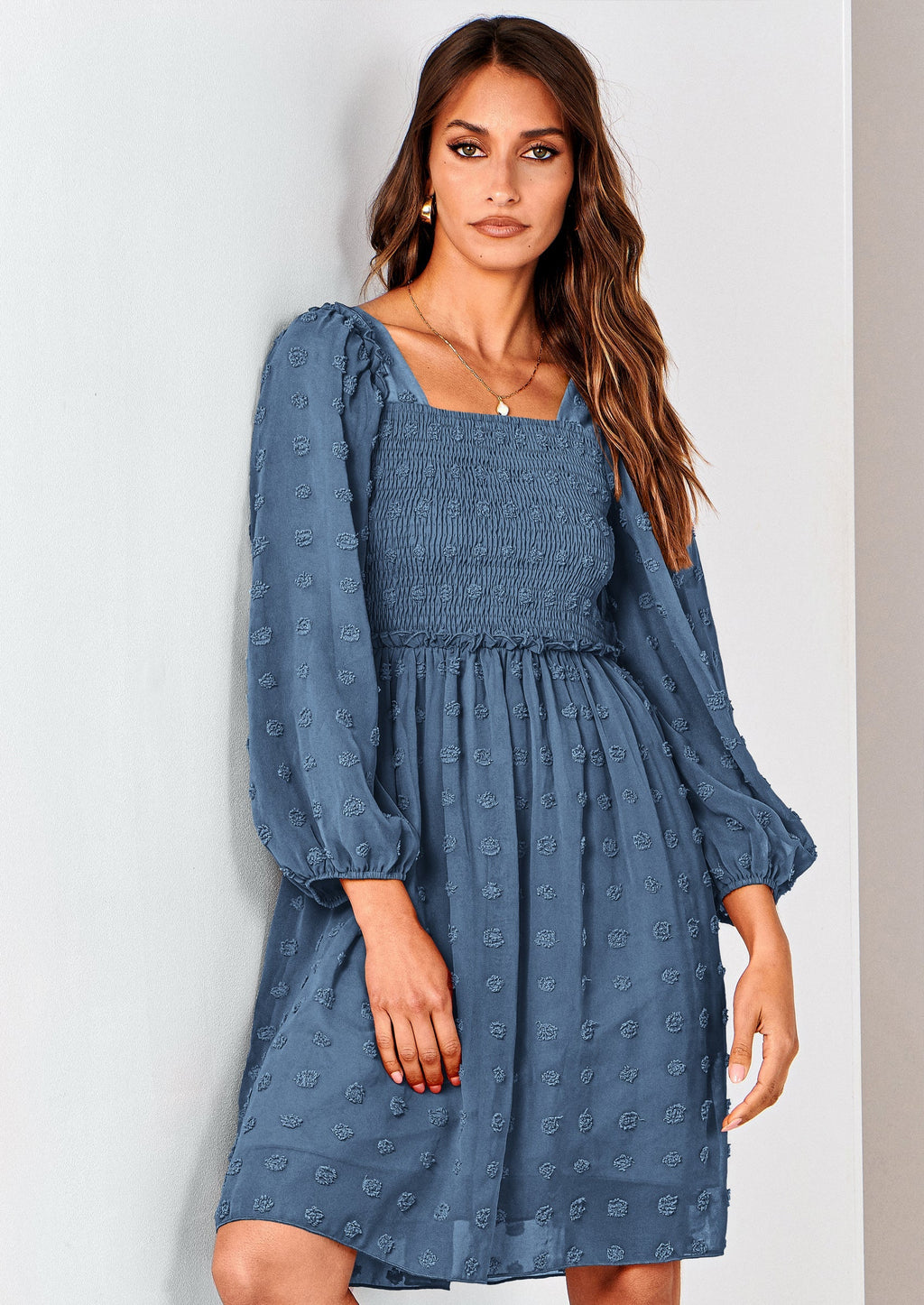 BTFBM Womens Long Sleeve Dress Vacation Square Neck Smocked Floral Swiss Dot Mini Boho Spring Wedding Guest Dresses