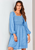 BTFBM Womens Long Sleeve Dress Vacation Square Neck Smocked Floral Swiss Dot Mini Boho Spring Wedding Guest Dresses