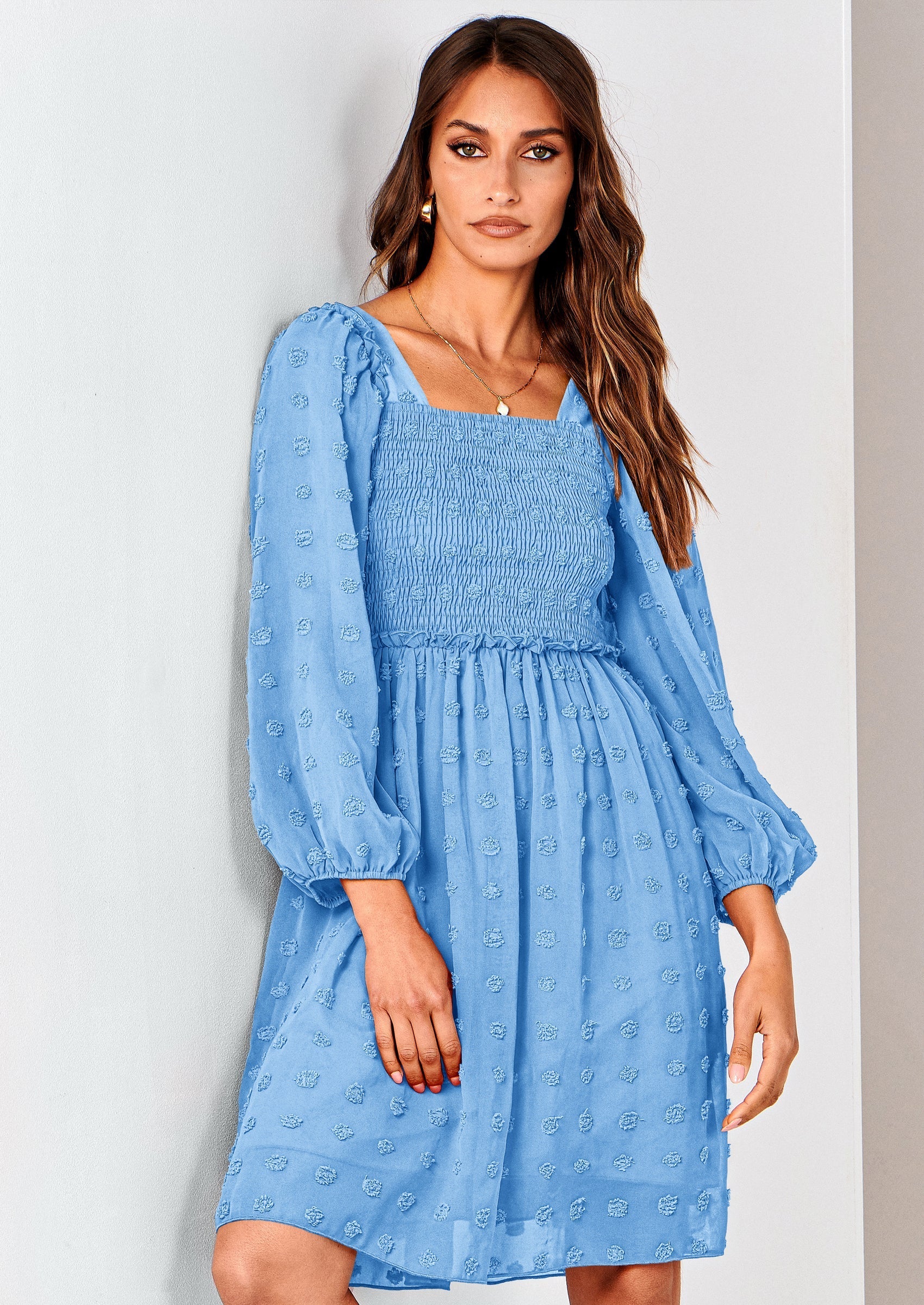 BTFBM Womens Long Sleeve Dress Vacation Square Neck Smocked Floral Swiss Dot Mini Boho Spring Wedding Guest Dresses