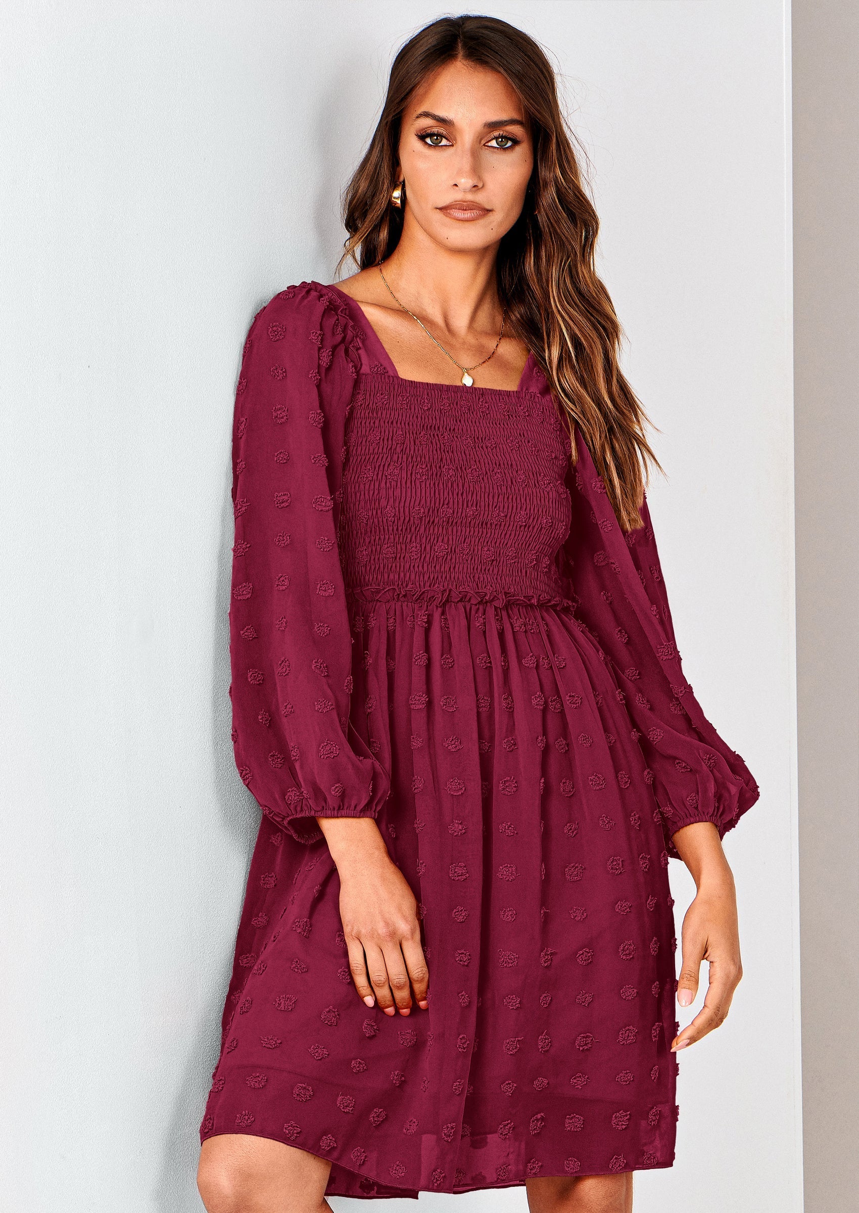 BTFBM Womens Long Sleeve Dress Vacation Square Neck Smocked Floral Swiss Dot Mini Boho Spring Wedding Guest Dresses