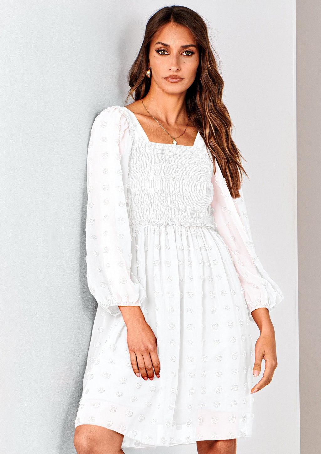 BTFBM Womens Long Sleeve Dress Vacation Square Neck Smocked Floral Swiss Dot Mini Boho Spring Wedding Guest Dresses