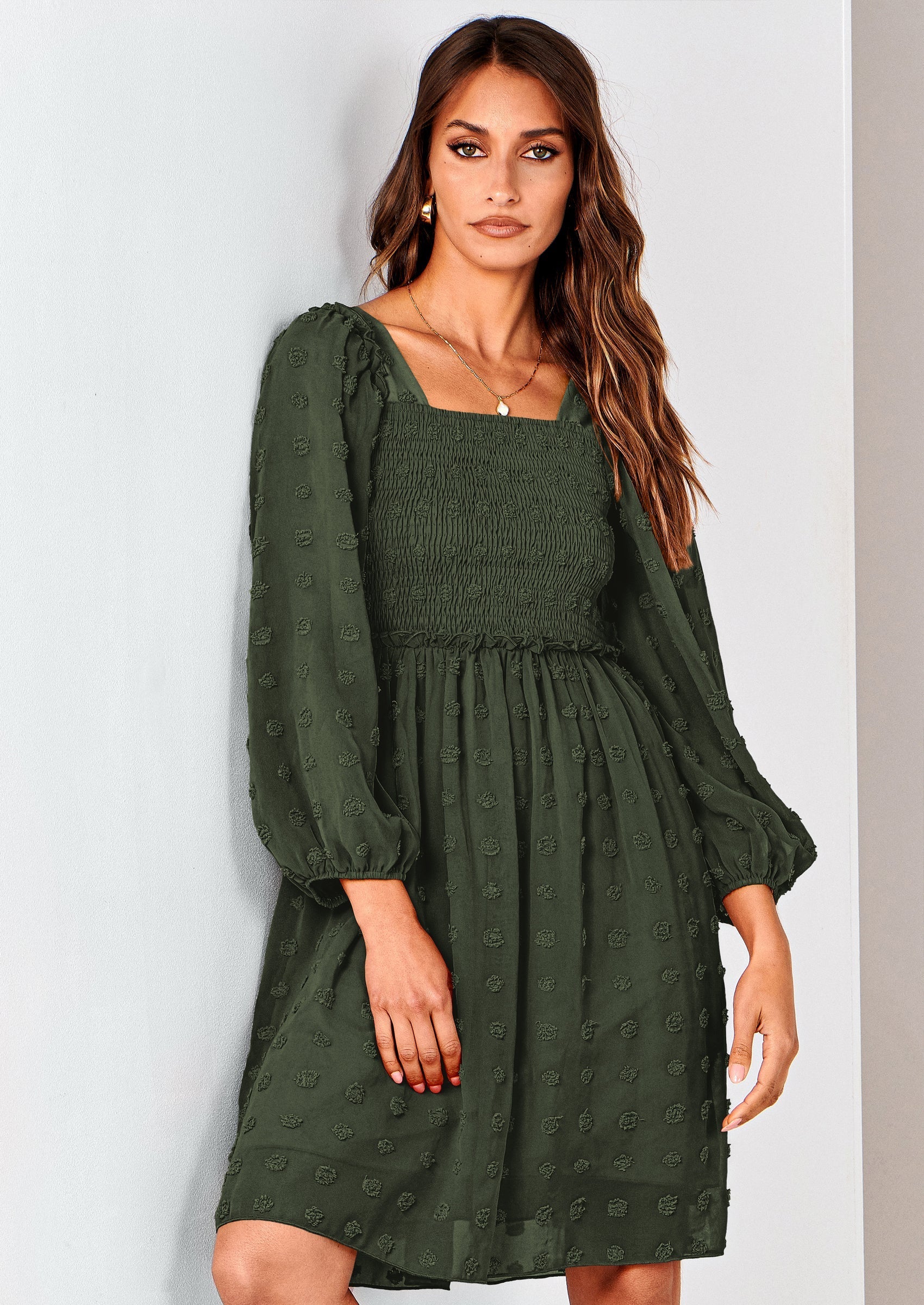 BTFBM Womens Long Sleeve Dress Vacation Square Neck Smocked Floral Swiss Dot Mini Boho Spring Wedding Guest Dresses