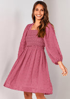 BTFBM Womens Long Sleeve Dress Vacation Square Neck Smocked Floral Swiss Dot Mini Boho Spring Wedding Guest Dresses