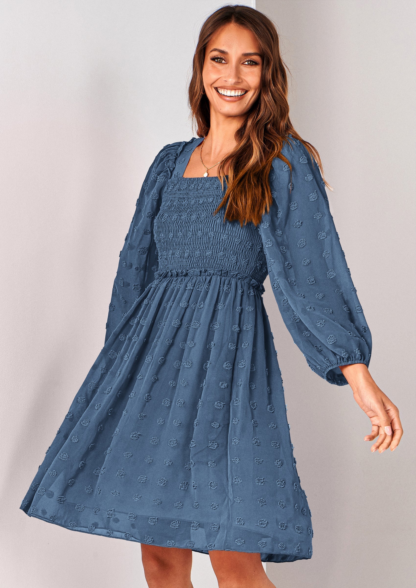 BTFBM Womens Long Sleeve Dress Vacation Square Neck Smocked Floral Swiss Dot Mini Boho Spring Wedding Guest Dresses