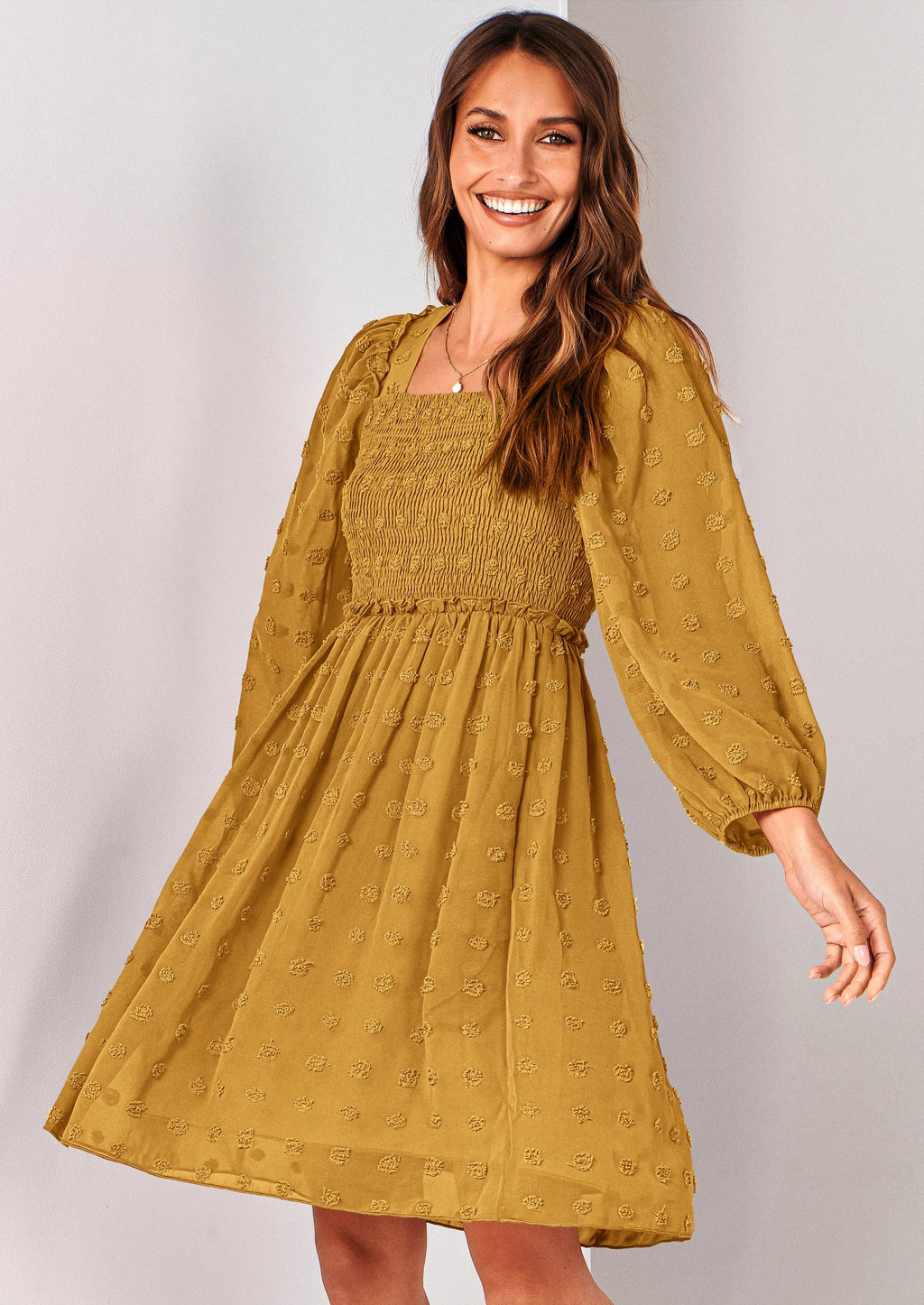 BTFBM Womens Long Sleeve Dress Vacation Square Neck Smocked Floral Swiss Dot Mini Boho Spring Wedding Guest Dresses