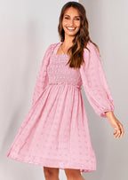 BTFBM Womens Long Sleeve Dress Vacation Square Neck Smocked Floral Swiss Dot Mini Boho Spring Wedding Guest Dresses