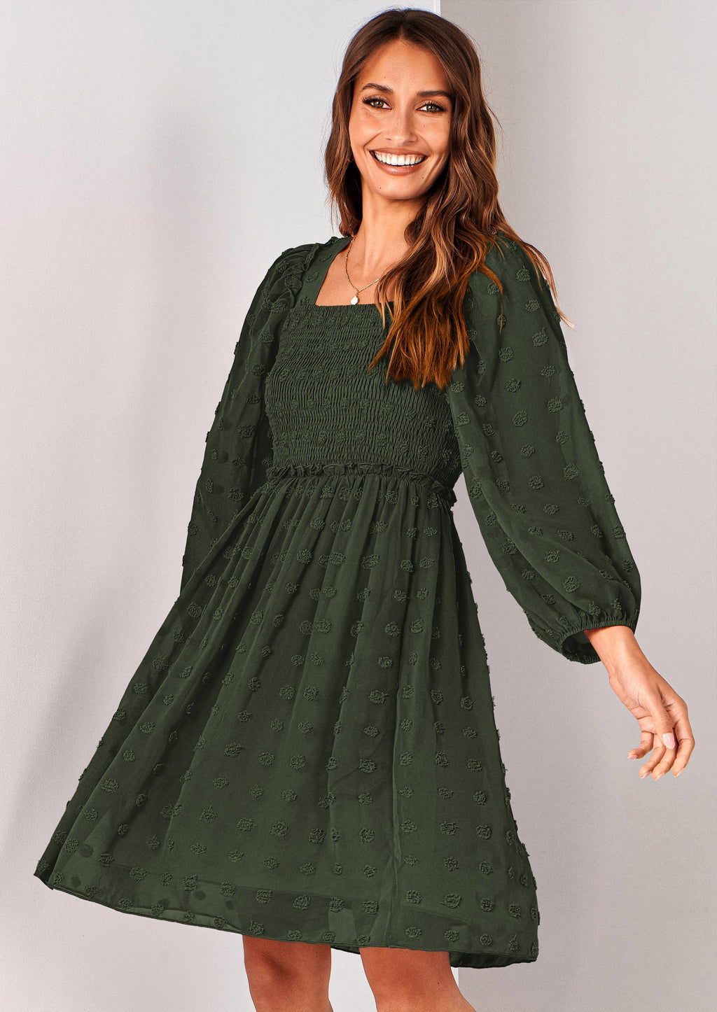 BTFBM Womens Long Sleeve Dress Vacation Square Neck Smocked Floral Swiss Dot Mini Boho Spring Wedding Guest Dresses