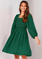 BTFBM Womens Long Sleeve Dress Vacation Square Neck Smocked Floral Swiss Dot Mini Boho Spring Wedding Guest Dresses