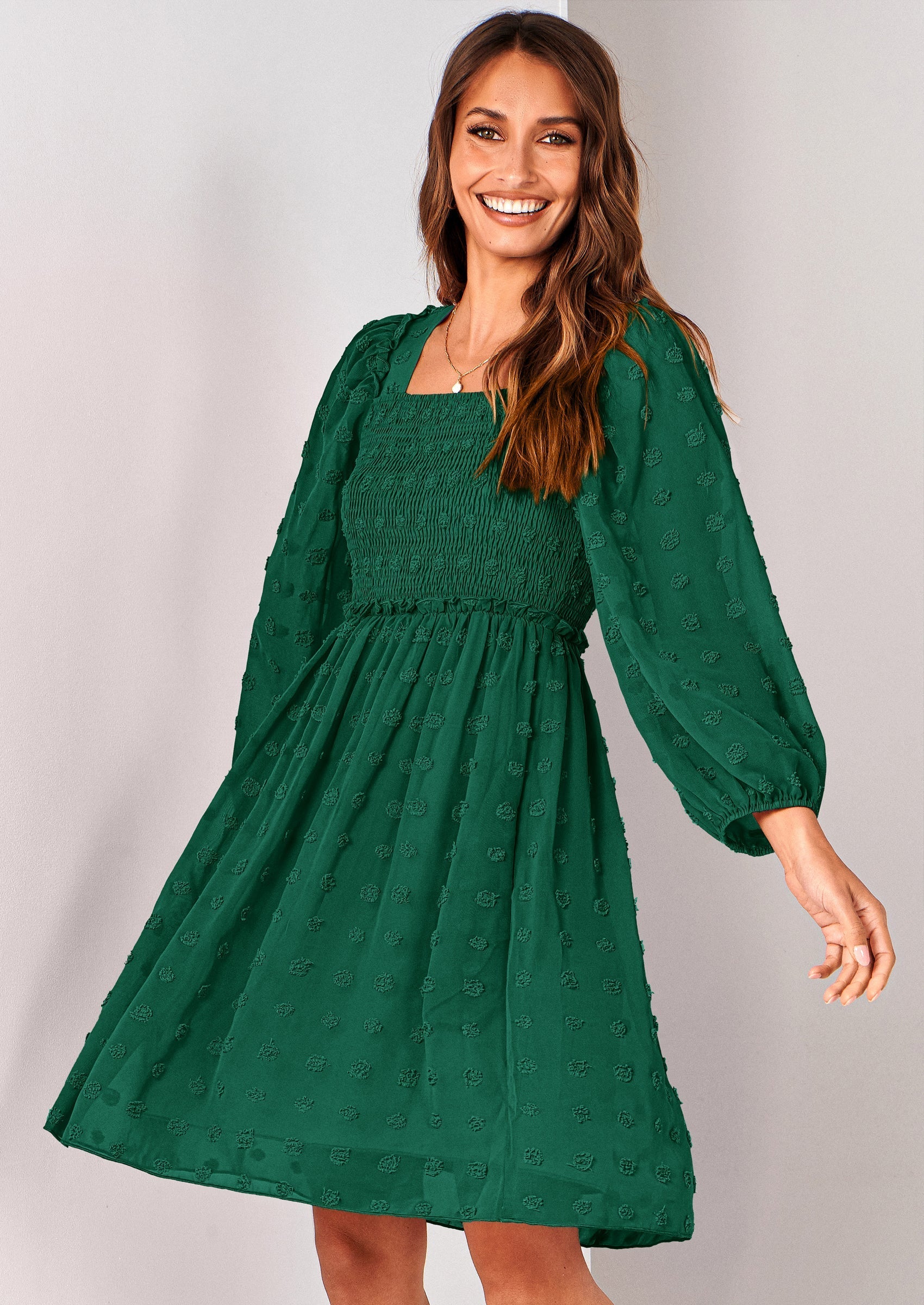 BTFBM Womens Long Sleeve Dress Vacation Square Neck Smocked Floral Swiss Dot Mini Boho Spring Wedding Guest Dresses