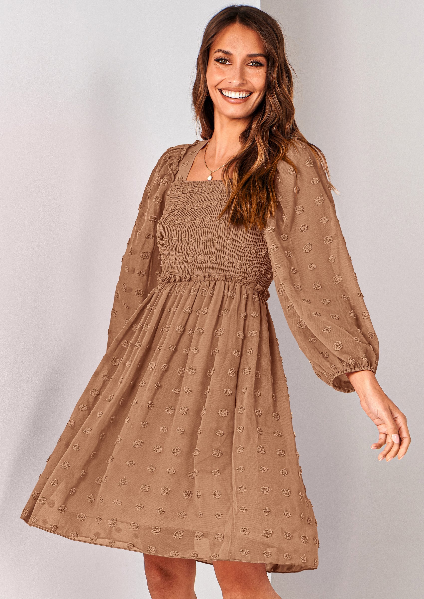 BTFBM Womens Long Sleeve Dress Vacation Square Neck Smocked Floral Swiss Dot Mini Boho Spring Wedding Guest Dresses