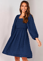 BTFBM Womens Long Sleeve Dress Vacation Square Neck Smocked Floral Swiss Dot Mini Boho Spring Wedding Guest Dresses