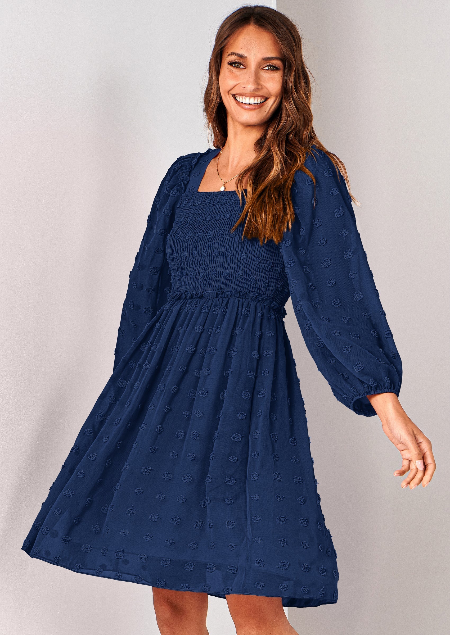 BTFBM Womens Long Sleeve Dress Vacation Square Neck Smocked Floral Swiss Dot Mini Boho Spring Wedding Guest Dresses