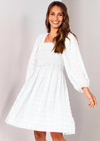 BTFBM Womens Long Sleeve Dress Vacation Square Neck Smocked Floral Swiss Dot Mini Boho Spring Wedding Guest Dresses
