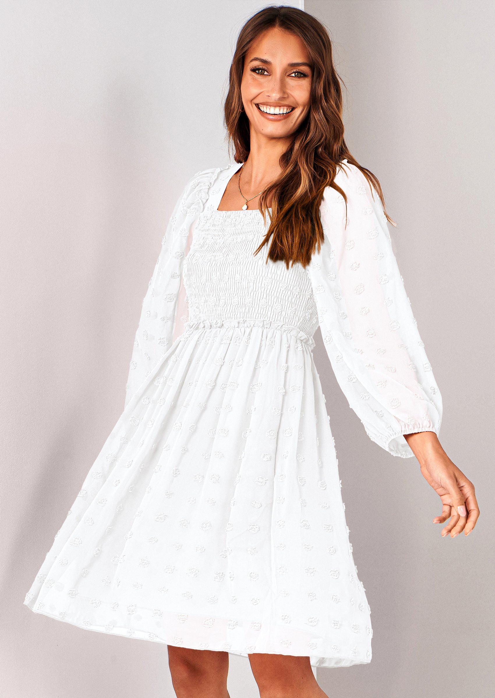 BTFBM Womens Long Sleeve Dress Vacation Square Neck Smocked Floral Swiss Dot Mini Boho Spring Wedding Guest Dresses