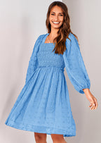 BTFBM Womens Long Sleeve Dress Vacation Square Neck Smocked Floral Swiss Dot Mini Boho Spring Wedding Guest Dresses