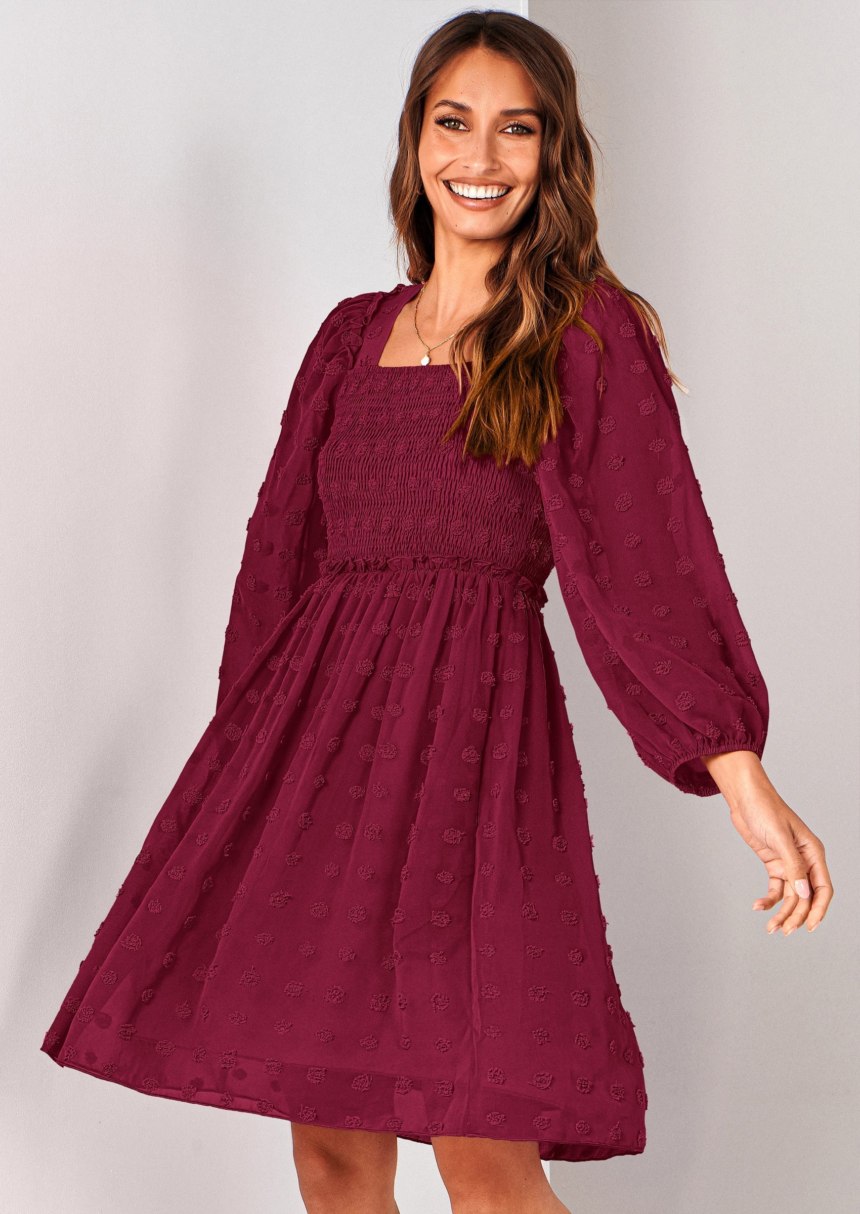 BTFBM Womens Long Sleeve Dress Vacation Square Neck Smocked Floral Swiss Dot Mini Boho Spring Wedding Guest Dresses