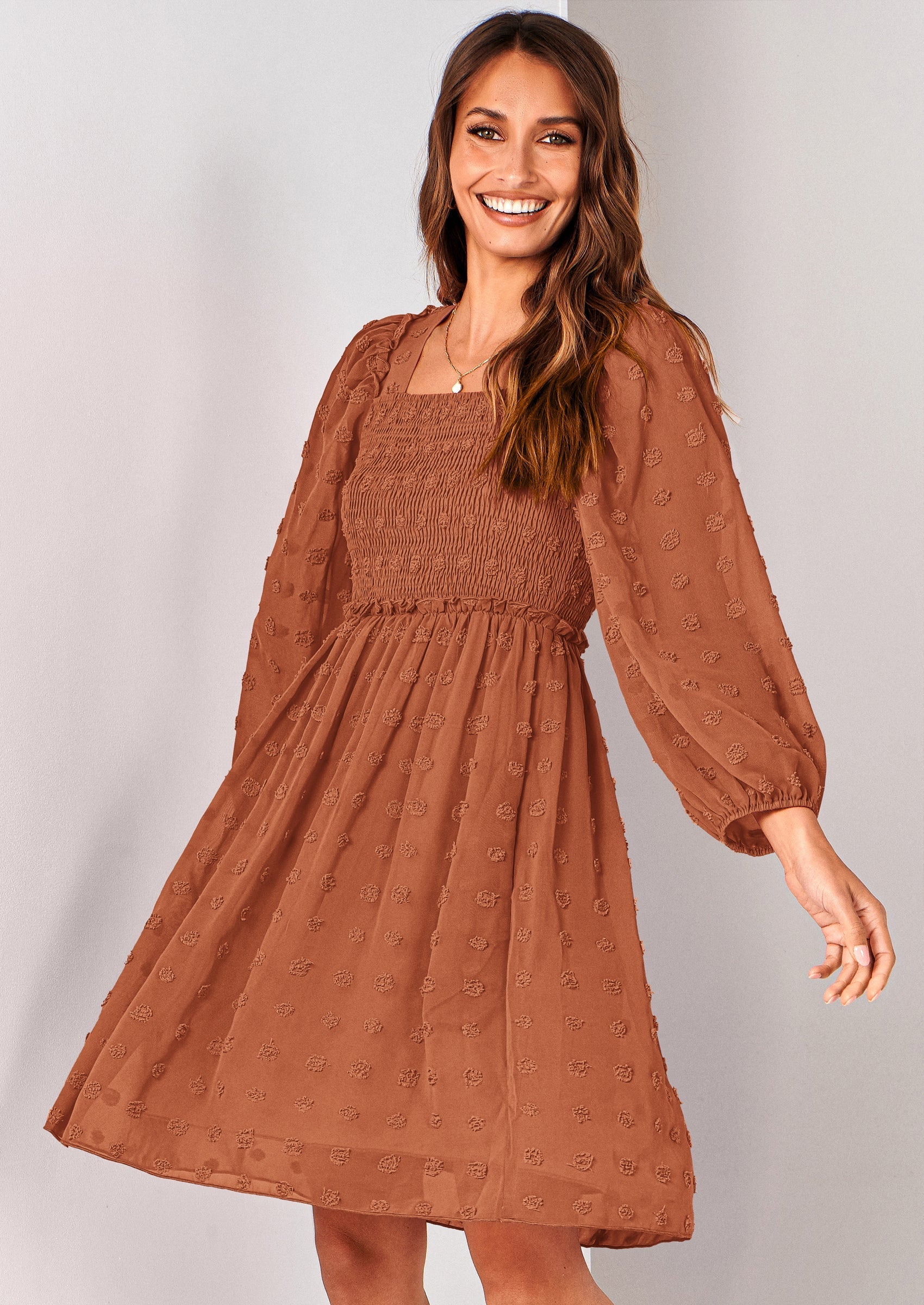 BTFBM Womens Long Sleeve Dress Vacation Square Neck Smocked Floral Swiss Dot Mini Boho Spring Wedding Guest Dresses