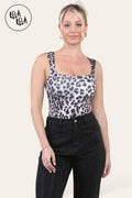Premium Slinky Double Layered Square Neck Brazilian Bodysuit in Grey Leopard