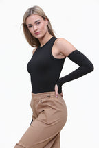High Neck Bodysuit With Fingerless Gloves in Black