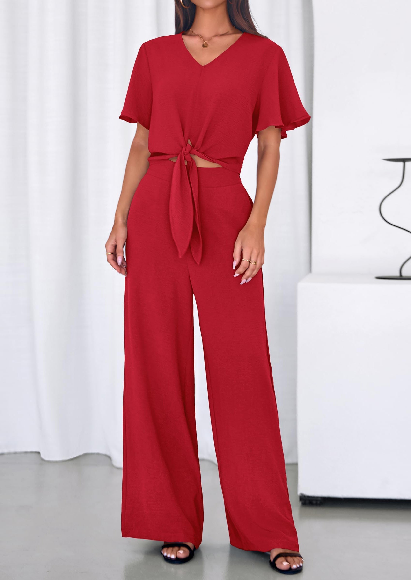 PRETTYGARDEN Women 2 Piece Summer Outfits Short Sleeve Strappy Top Wide Leg Pants Tracksuit Lounge Sets Beach Clothes