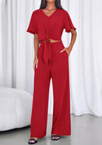 PRETTYGARDEN Women 2 Piece Summer Outfits Short Sleeve Strappy Top Wide Leg Pants Tracksuit Lounge Sets Beach Clothes