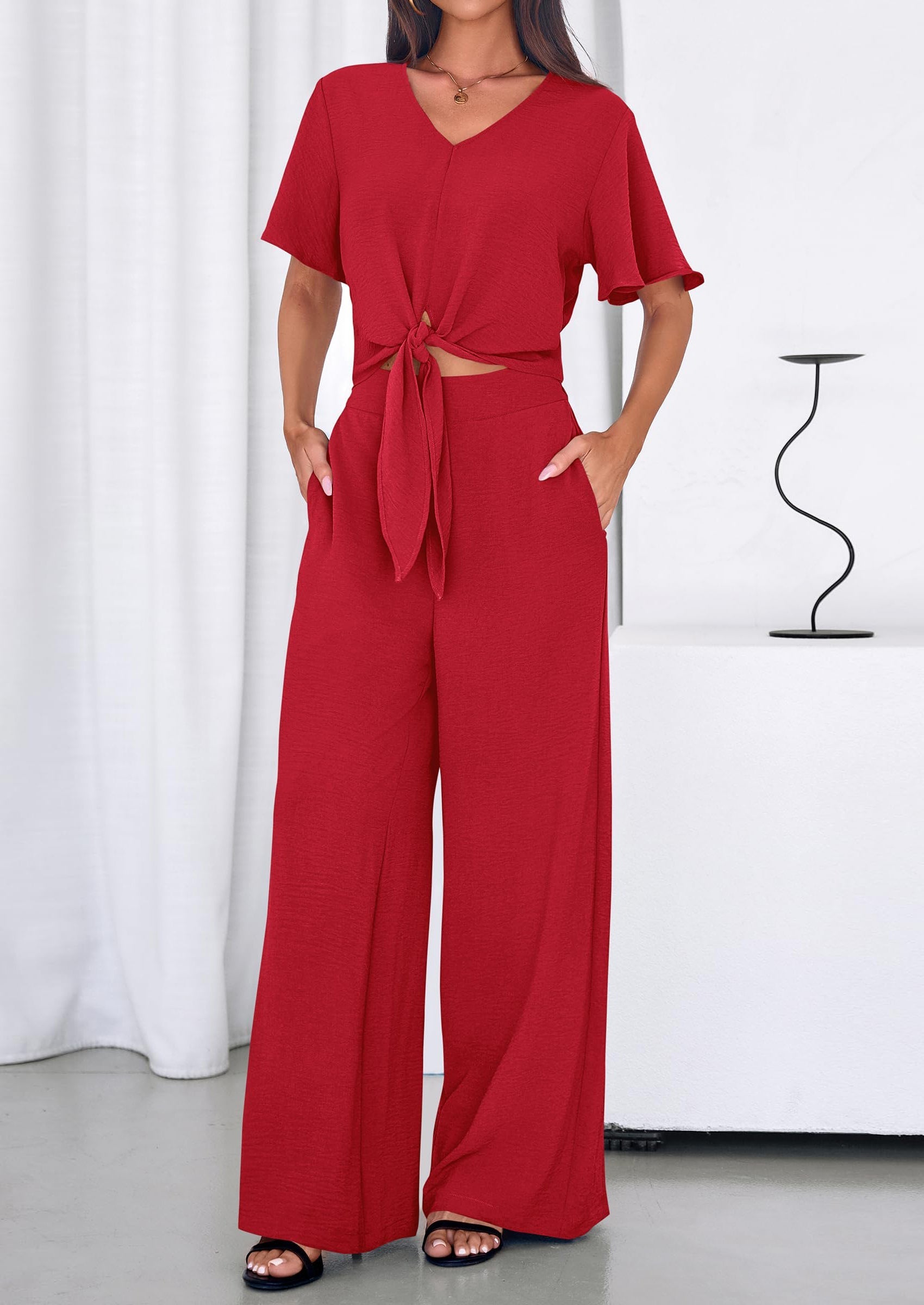 PRETTYGARDEN Women 2 Piece Summer Outfits Short Sleeve Strappy Top Wide Leg Pants Tracksuit Lounge Sets Beach Clothes