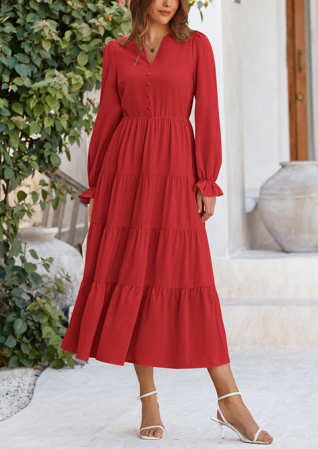 PRETTYGARDEN Women Fall Long Sleeve Smocked Maxi Dress Casual Square Neck Swiss Dot Tiered Ruffle Flowy Spring Pocket Dresses