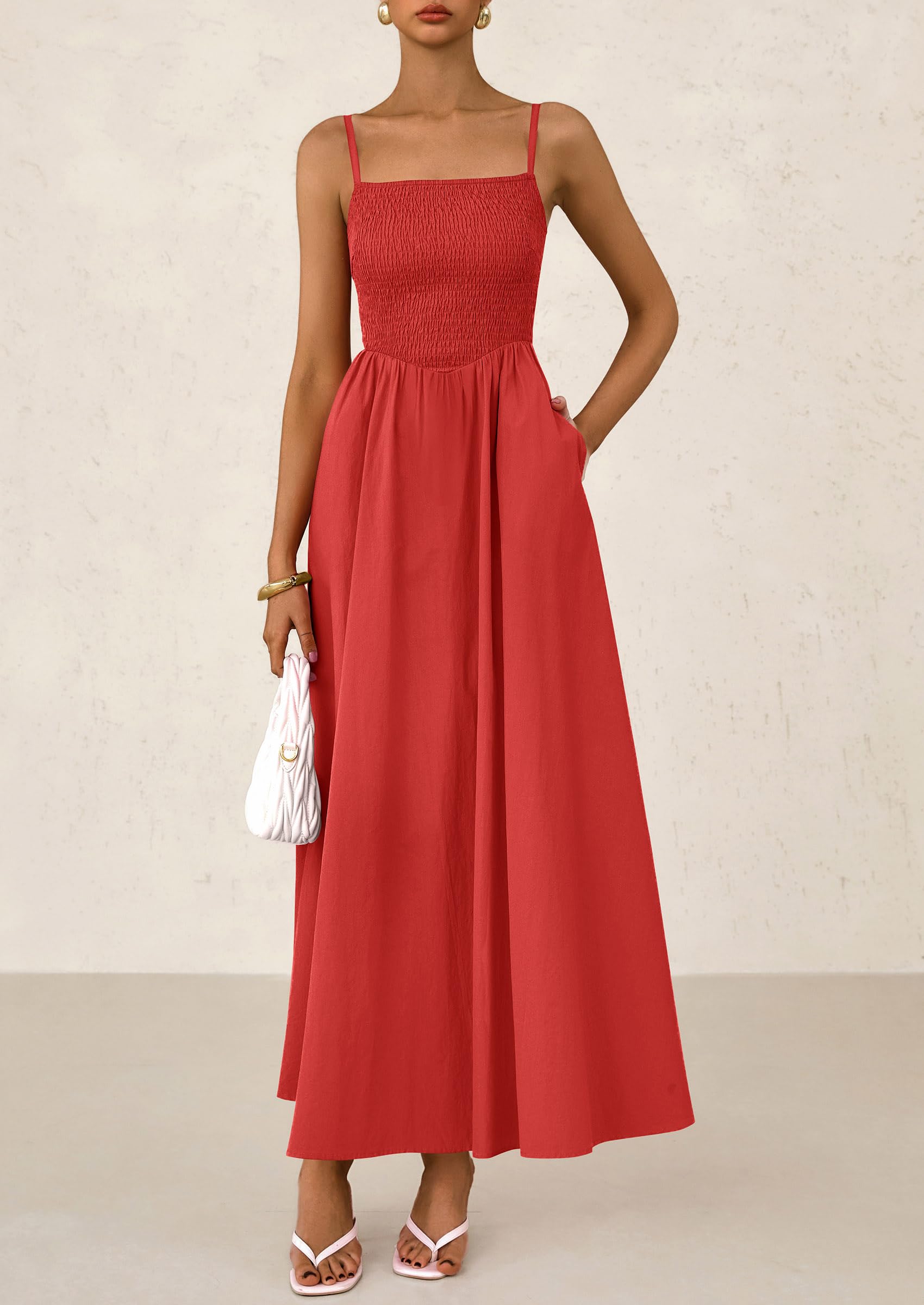 PRETTYGARDEN Women's Smocked Maxi Dresses Beach Sundress Casual Spaghetti Strap Swing A Line Long Flowy Dress