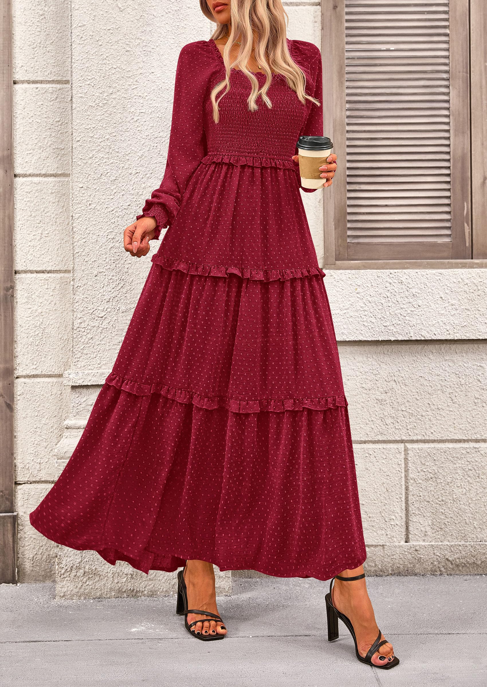 PRETTYGARDEN Women Fall Long Sleeve Smocked Maxi Dress Casual Square Neck Swiss Dot Tiered Ruffle Flowy Spring Pocket Dresses