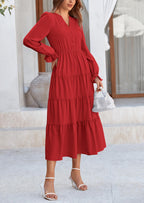 PRETTYGARDEN Women Fall Long Sleeve Smocked Maxi Dress Casual Square Neck Swiss Dot Tiered Ruffle Flowy Spring Pocket Dresses