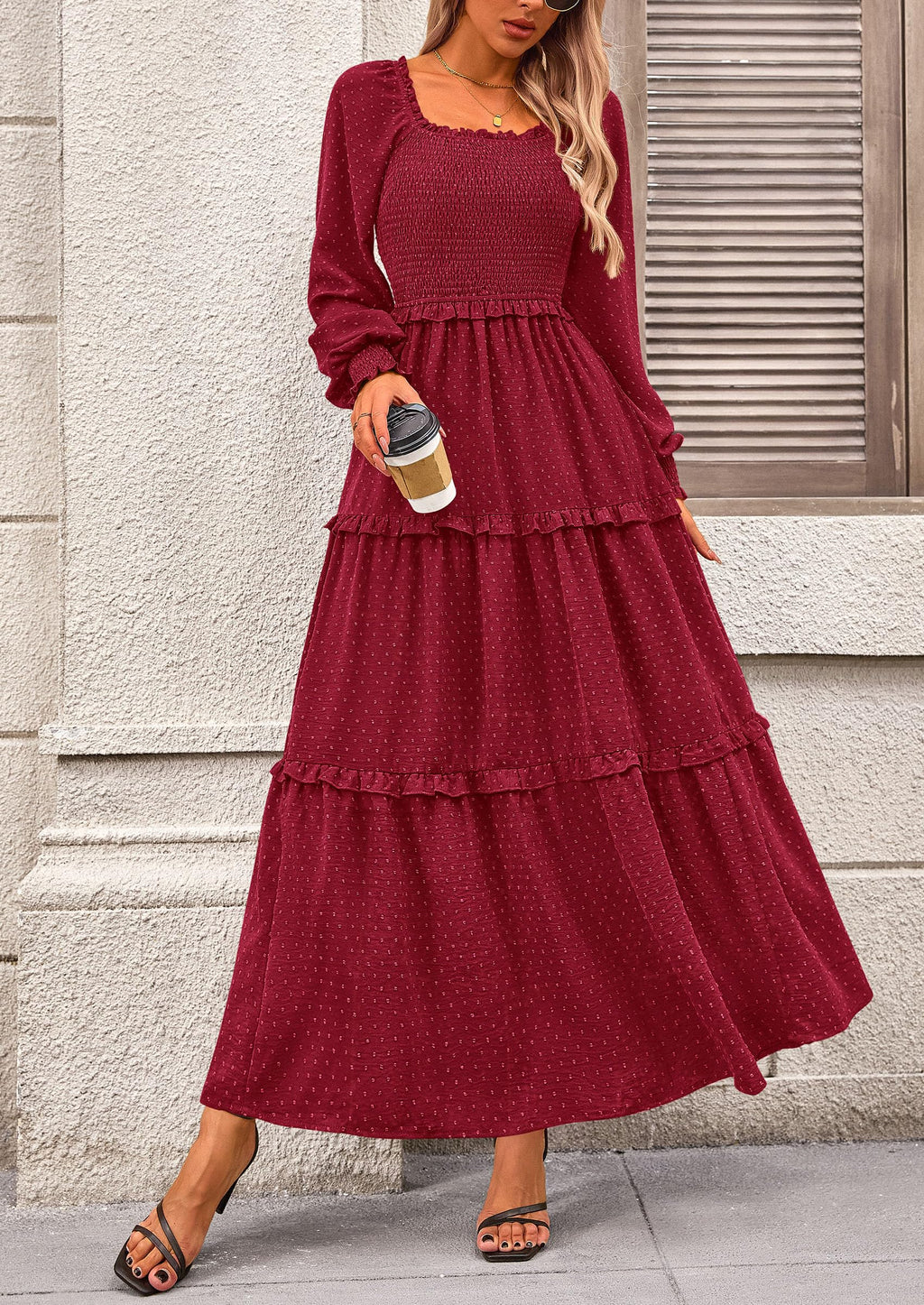PRETTYGARDEN Women Fall Long Sleeve Smocked Maxi Dress Casual Square Neck Swiss Dot Tiered Ruffle Flowy Spring Pocket Dresses