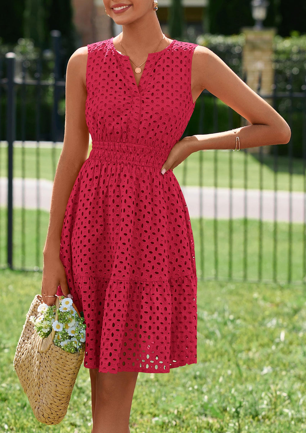 PRETTYGARDEN Women's Summer Dresses Sleeveless V Neck Eyelet Hollow Out Swing A Line Beach Vacation Sun Dress