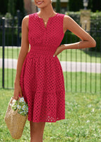 PRETTYGARDEN Women's Summer Dresses Sleeveless V Neck Eyelet Hollow Out Swing A Line Beach Vacation Sun Dress