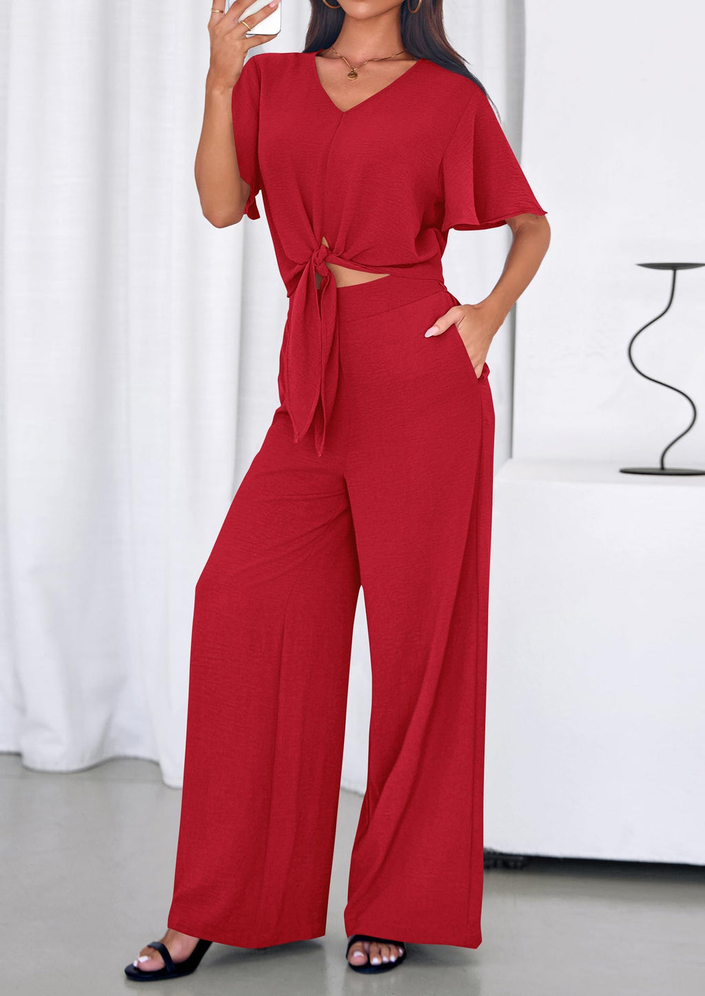 PRETTYGARDEN Women 2 Piece Summer Outfits Short Sleeve Strappy Top Wide Leg Pants Tracksuit Lounge Sets Beach Clothes