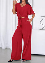 PRETTYGARDEN Women 2 Piece Summer Outfits Short Sleeve Strappy Top Wide Leg Pants Tracksuit Lounge Sets Beach Clothes