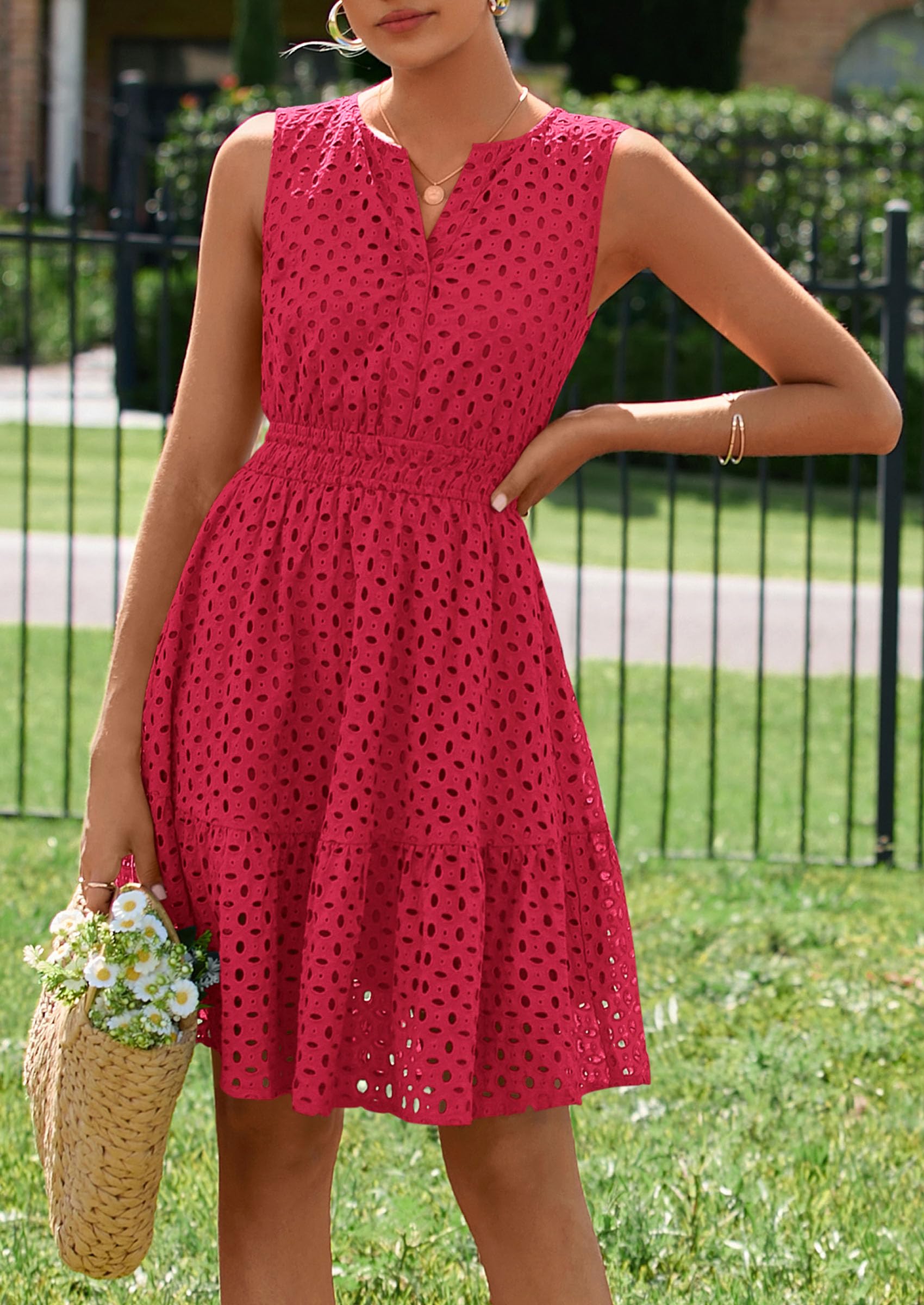 PRETTYGARDEN Women's Summer Dresses Sleeveless V Neck Eyelet Hollow Out Swing A Line Beach Vacation Sun Dress